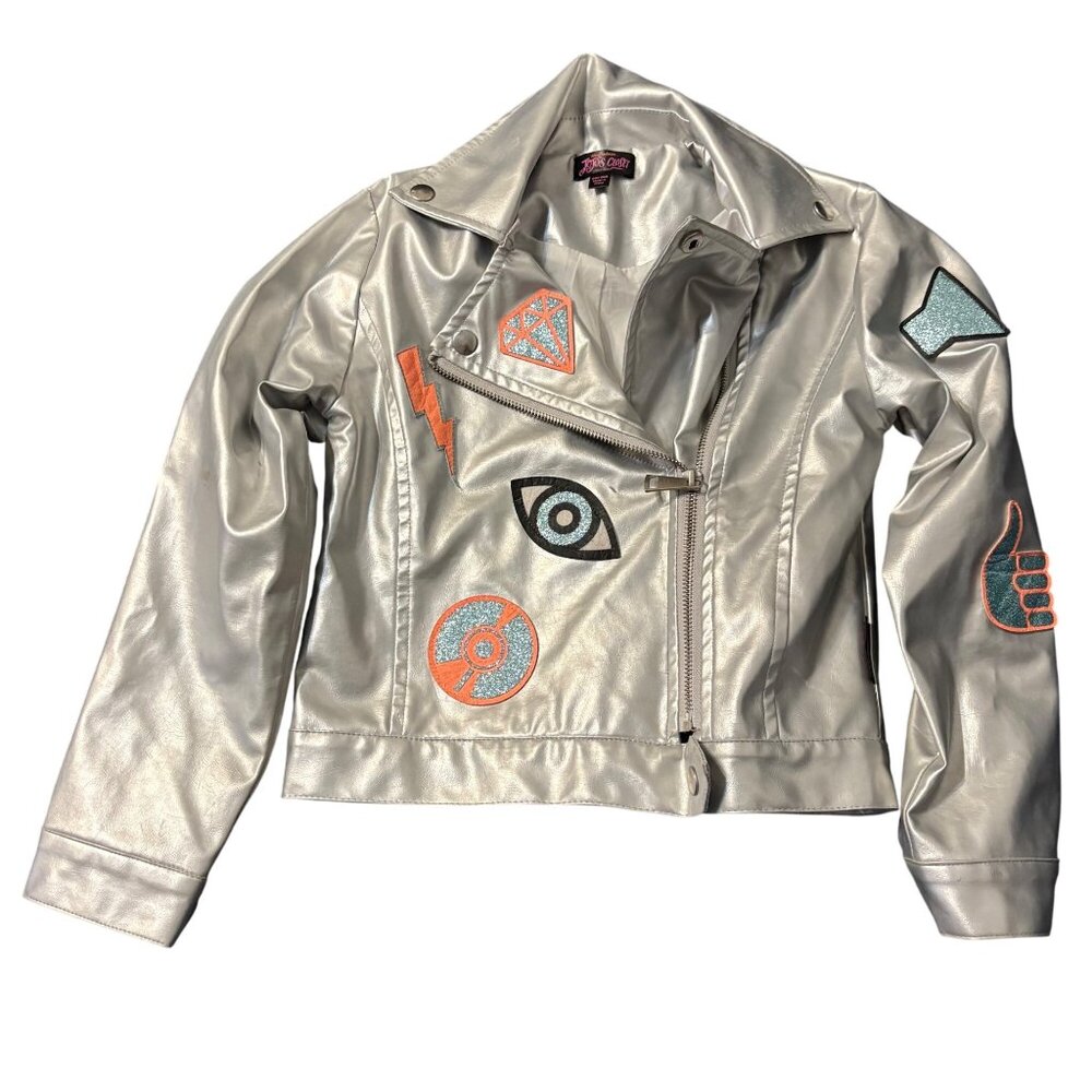 Nickelodeon Jojos Closet Girls Silver Faux Leather Jacket W/ Colorful Patches 6